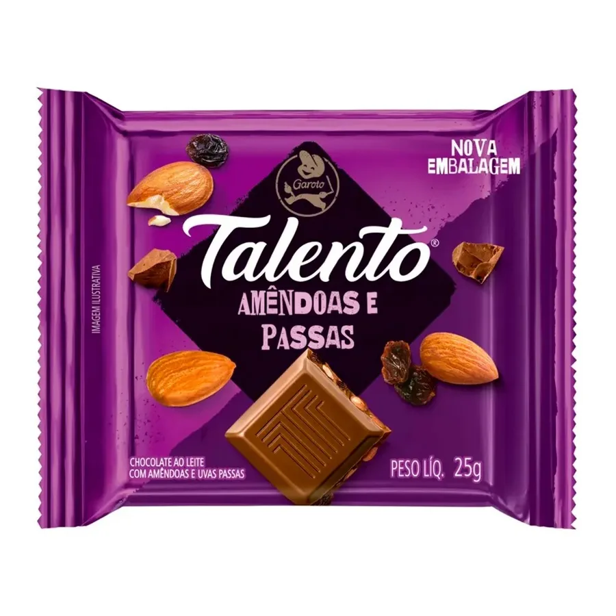 TALENTO CHOC 25G AMENDOAS E PASSAS