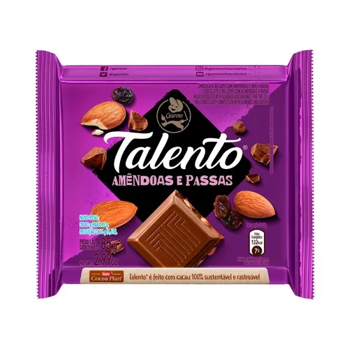 TALENTO BARRA LEITE 85G AMENDOAS PASSAS