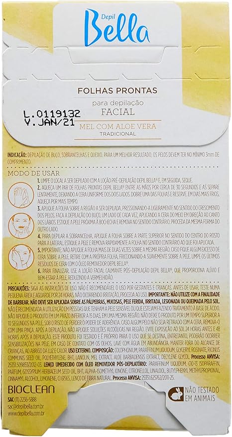 Depil Bella Folhas Prontas para Depilação Facial Mel e Aloe 16 Folhas